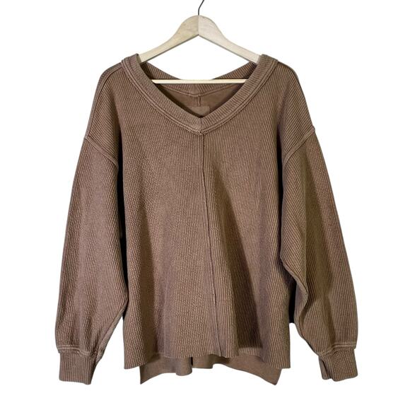 Aerie Wonder Textured V-Neck Long Sleeve Sweatshirt Womens S Brown Clean Girl - Picture 2 of 7